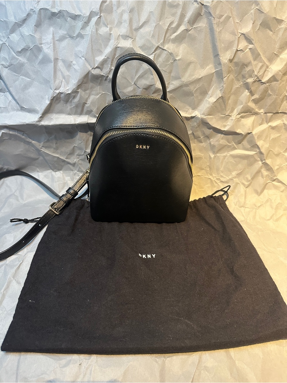 DKNY Black Mini Leather Backpack with Gold Hardware